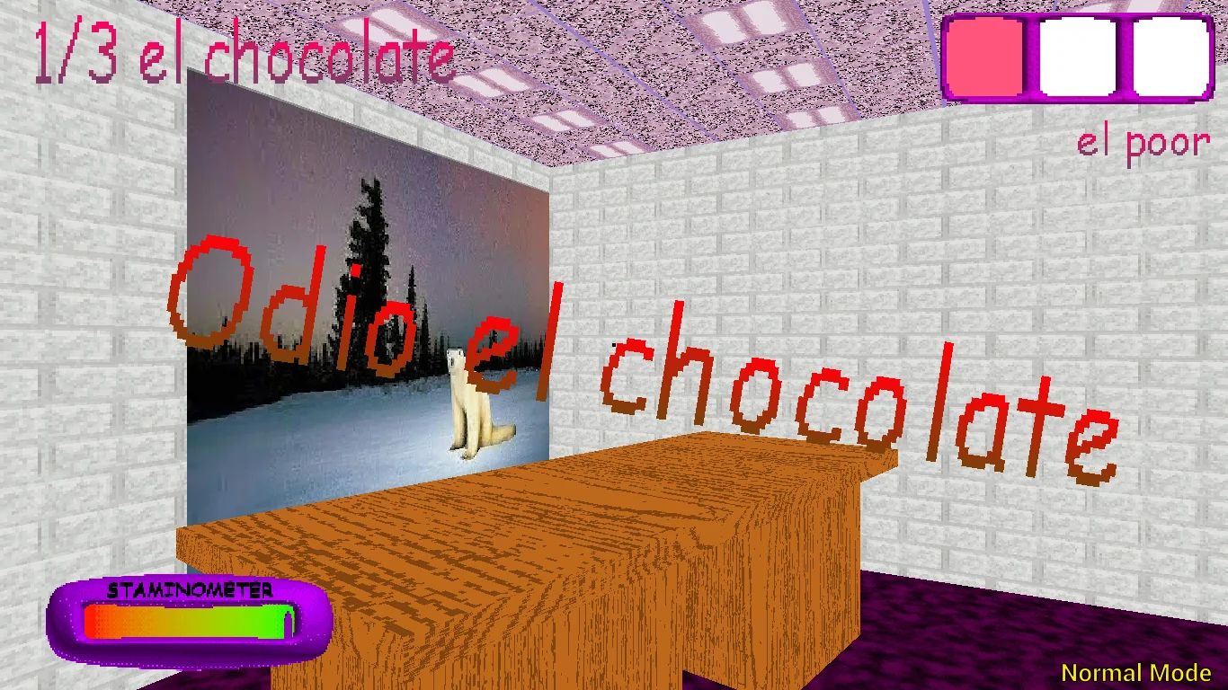 Otra aula de Odio el chocolate con un escritorio y un cartel junto al chocolate
