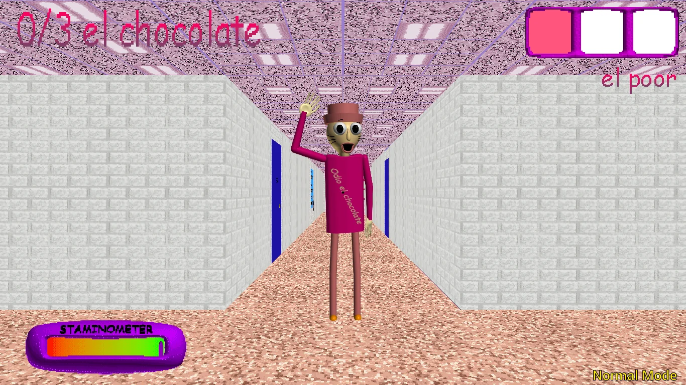 Un personaje espera al fondo de un pasillo rosa de la escuela