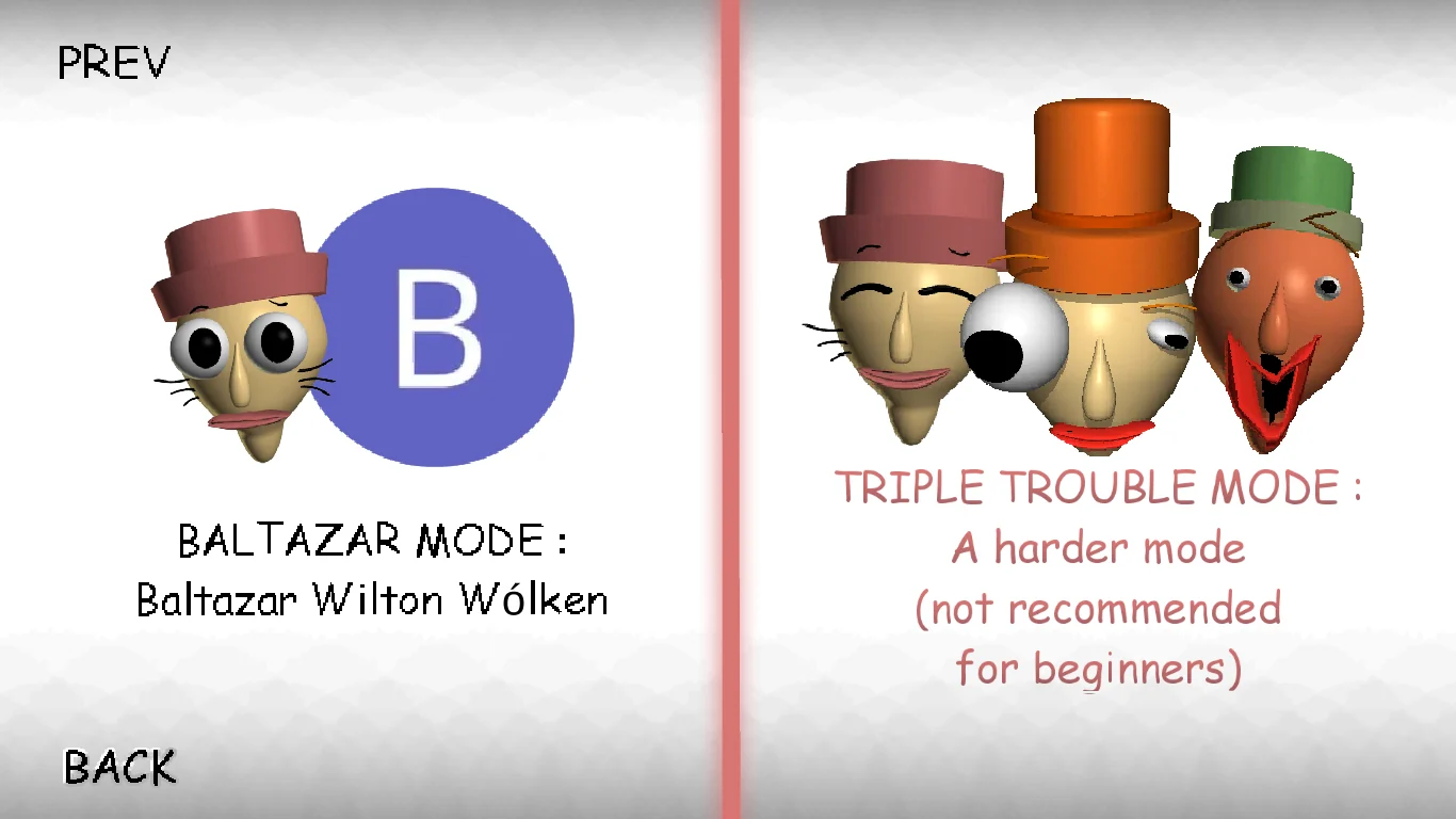 Opciones Baltazar y Triple Trouble en el selector de modos